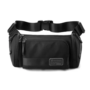 Waterproof multi-compartment sports waist bag in black wear-resistant nylon fabric