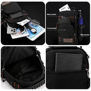 Multifunctional black tactical chest bag with orange stitching and multi-pocket design