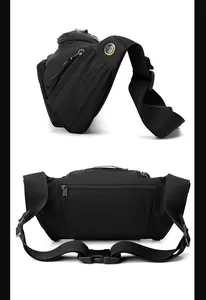 Detailed view of durable black nylon outdoor bag with adjustable buckle and branded zippers