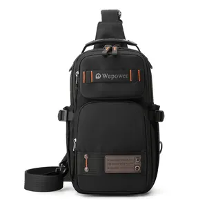 Tactical black chest bag for men with orange stitching and multi-pocket functional design