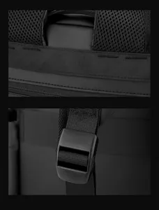 Détails des bretelles en maille respirante et des boucles robustes sur le sac à dos noir