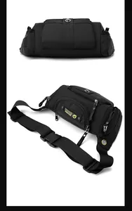 Detail view of black multi-pocket outdoor chest bag with adjustable strap and buckle