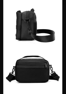 Detail van waterdichte nylon crossbodytas met verstelbare riem en zijvak van gaas