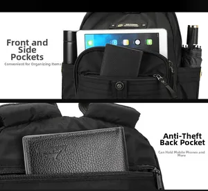 Detail eines schwarzen wasserdichten Rucksacks mit Mehrfachtaschen und Anti-Diebstahl-Tasche