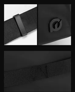 Detailweergave van de waterdichte crossbodytas met reliëflogo en versterkte stiksels
