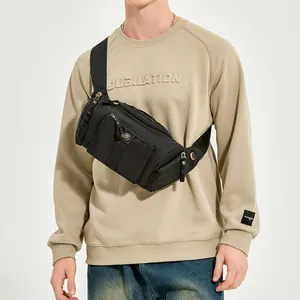 Versatile black nylon outdoor crossbody chest bag with multiple functional zip pockets