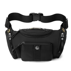 Versatile black outdoor sports waist bag with multiple zipper pockets and wide belt