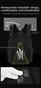 Details des 3D-Waben-Atmungsaktivitätssystems und der Gurte am schwarzen Rucksack