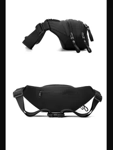 Detail view of adjustable strap with plastic buckle and zippers on black sports waist bag