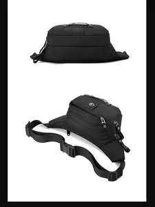 Macro detail of black nylon sports waist bag showing multiple zippers and durable buckle