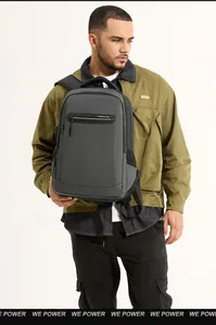 Front view of a dark grey waterproof business laptop backpack with ergonomic straps