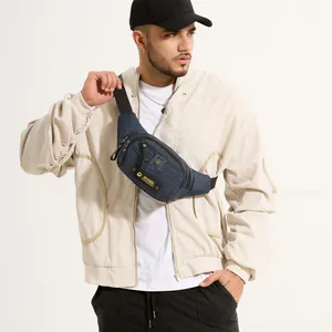 Men's navy blue nylon crossbody sling bag with adjustable strap and multiple zip pockets