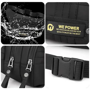 Waterproof black nylon crossbody bag with multiple zippered pockets and quick-release buckle