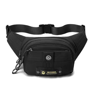 Black multi-layer waterproof nylon sports waist bag with adjustable strap and buckle