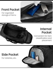 Dettaglio borsa sportiva impermeabile con tasche frontali, interne e vani laterali