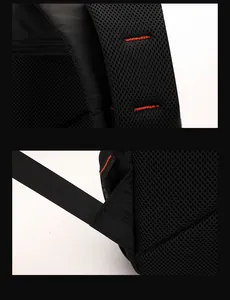 Detail of backpack mesh shoulder straps with red reinforced stitching for durability