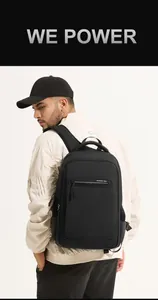 Detail of waterproof black nylon backpack with multi-layer zippers and side water bottle pocket