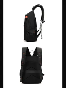 Detail of durable black backpack with ergonomic straps and luggage strap feature