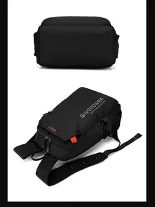 Detailed view of durable black backpack with orange accents and mesh side pockets