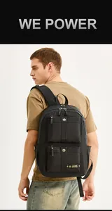 Close-up of durable black waterproof nylon backpack with functional zip pockets and buckles
