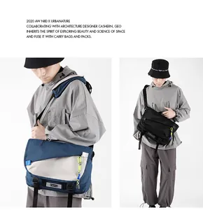 Detail of waterproof crossbody bag showing flap closure and adjustable neon buckle straps