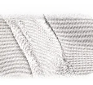 Macro detail of durable light gray nylon fabric texture with thick reinforced stitching