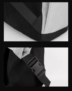 Detail der atmungsaktiven Wabenpolsterung und Schnalle am grauen Ripstop-Rucksack
