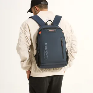 Deep blue large-capacity student backpack with orange details and side mesh pocket