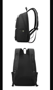 Detail of breathable mesh back and padded adjustable shoulder straps on black backpack
