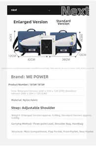 Size comparison chart showing dimensions and weight for the nylon messenger bags