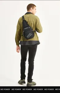 Rear view of black multifunctional crossbody sling bag worn by model for daily commute