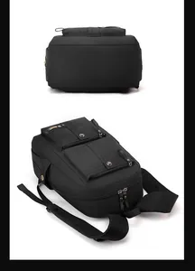 Detail view of large capacity black backpack with breathable mesh back and side pockets
