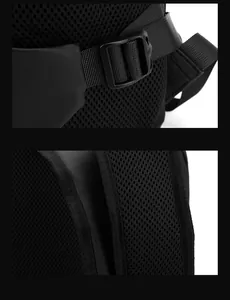 Close-up of breathable mesh back panel and adjustable shoulder straps on black backpack