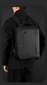 Detailed side view of black business laptop backpack showing the wepower brand logo print