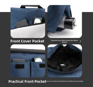Detail view of large capacity crossbody bag showing internal pockets and water bottle slot