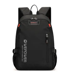 Large capacity black water-resistant nylon backpack with WEPOWER logo and orange accents