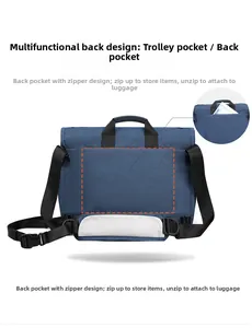 Detail of laptop bag back sleeve with trolley strap for easy luggage attachment