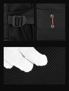 Detail of adjustable buckle, reinforced stitching, and breathable mesh padding on backpack