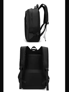 Detail of ergonomic breathable mesh back panel and luggage strap on black business backpack