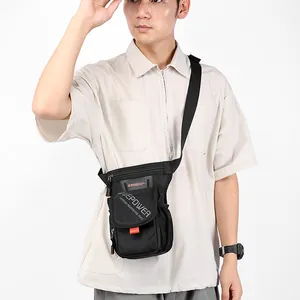 Men black tactical crossbody waist bag with orange webbing and adjustable strap