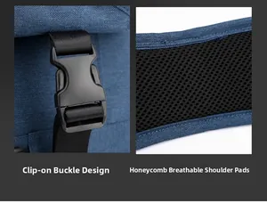 Detail of flap buckle closure and honeycomb breathable shoulder pad on blue messenger bag