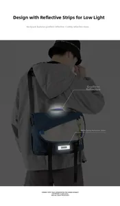 Detail of crossbody bag with gradient reflective handle and white safety reflective strip