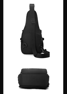 Detailed back and bottom view of black nylon crossbody bag with adjustable straps