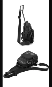 Detail view of large tactical crossbody bag with multiple zip pockets and adjustable strap