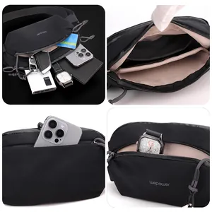 Men's minimalist black crossbody chest bag with multi-layer storage compartments
