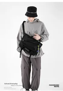 Detail of black tactical messenger bag with durable nylon fabric and functional buckles
