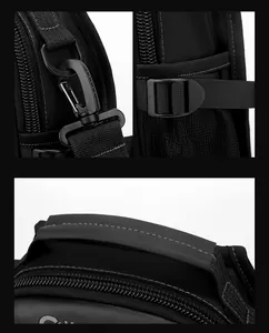 Detail of matte black metal swivel hook and durable nylon stitching on bag