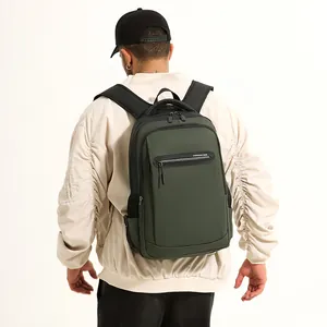 Dark green business backpack made of durable nylon with multiple compartments and mesh side pockets