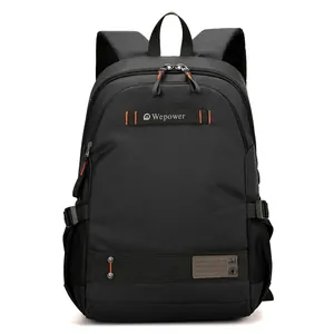 Classic black men's laptop backpack with durable nylon fabric and orange accent stripes