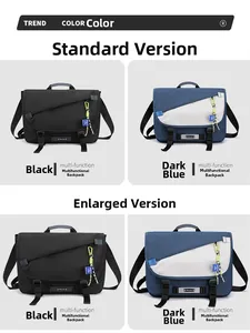 Detail of multi-functional messenger bag with buckle closures and adjustable shoulder strap